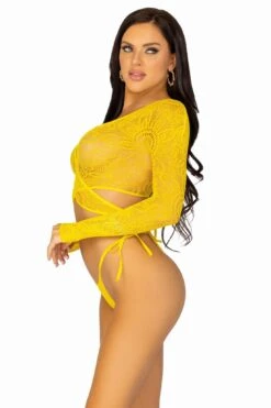 LEG AVENUE 2 Piece Daisy Lace Wrap Crop Top & Side Tie Panty Set -Strippers Heels Store 2 Piece Daisy Lace Wrap Crop Top Side Tie Panty Set Lingerie Sets Leg Avenue Yellow SEXYSHOES COM 3
