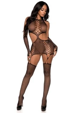 LEG AVENUE 2 Piece Net Cut-Out Garter Dress W/Faux Lace-Up, Attached Stockings, Matching Gloves