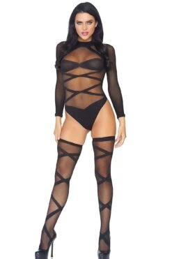 LEG AVENUE 2 Piece Opaque Sheer Criss Cross Body Suit Set