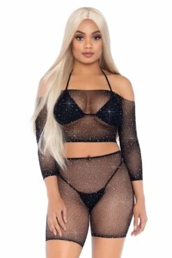 LEG AVENUE 2 Piece Rhinestone Fishnet Long Sleeve Crop Top & Biker Shorts