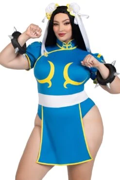 LEG AVENUE 3 Piece Chun-Li Bodysuit Dress, Bun Covers, Wrist Cuffs