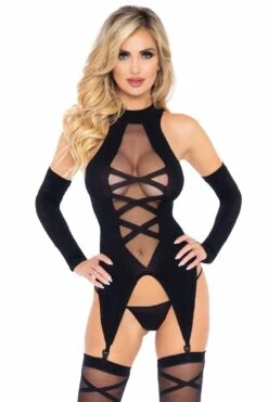 LEG AVENUE 3 Piece Opaque Sheer Faux Lace Up Cami Garter, Stockings, Gloves Set -Strippers Heels Store 3 Piece Opaque Sheer Faux Lace Up Cami Garter Stockings Gloves Set Lingerie Sets Leg Avenue Black SEXYSHOES COM 3 c61efb94 8b52 47c3 b8f6 0048c9191fc5