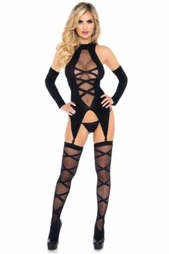 LEG AVENUE 3 Piece Opaque Sheer Faux Lace Up Cami Garter, Stockings, Gloves Set -Strippers Heels Store 3 Piece Opaque Sheer Faux Lace Up Cami Garter Stockings Gloves Set Lingerie Sets Leg Avenue Black SEXYSHOES COM 4 2a7318cb 2f60 4d79 be54 c15f1b91b92d