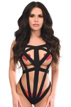 BOXED Black Stretchy Body Harness Bodysuit W/Silver Hardware