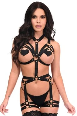 BOXED Black Stretchy Body Harness W/Gold Hardware