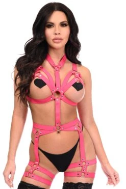 BOXED Pink Stretchy Elastic Harness Bodysuit W/Silver Hardware