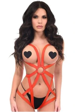 BOXED Red Stretchy Body Harness Bodysuit W/Silver Hardware