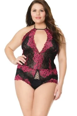 Coquette Deep V Lace Crotchless Teddy | Plus Size