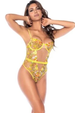 Embroidered Sheer Mesh Bodysuit With Lace-Up Back