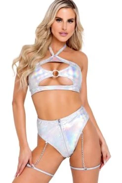 High-Waisted Silver Vinyl Briefs With Sipper And Chain Garters