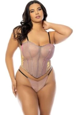 Iridescent Mesh Bustier With Boning Inserts And Matching G-String | Plus Size Black And Iridescent