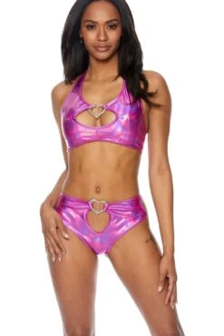 Two Piece Hologram Oil Slick Halter Set With Heart Buckles