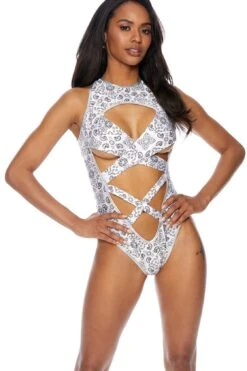 Paisley Bandana Criss Cross Swimwear Bodysuit With Deep Plunge