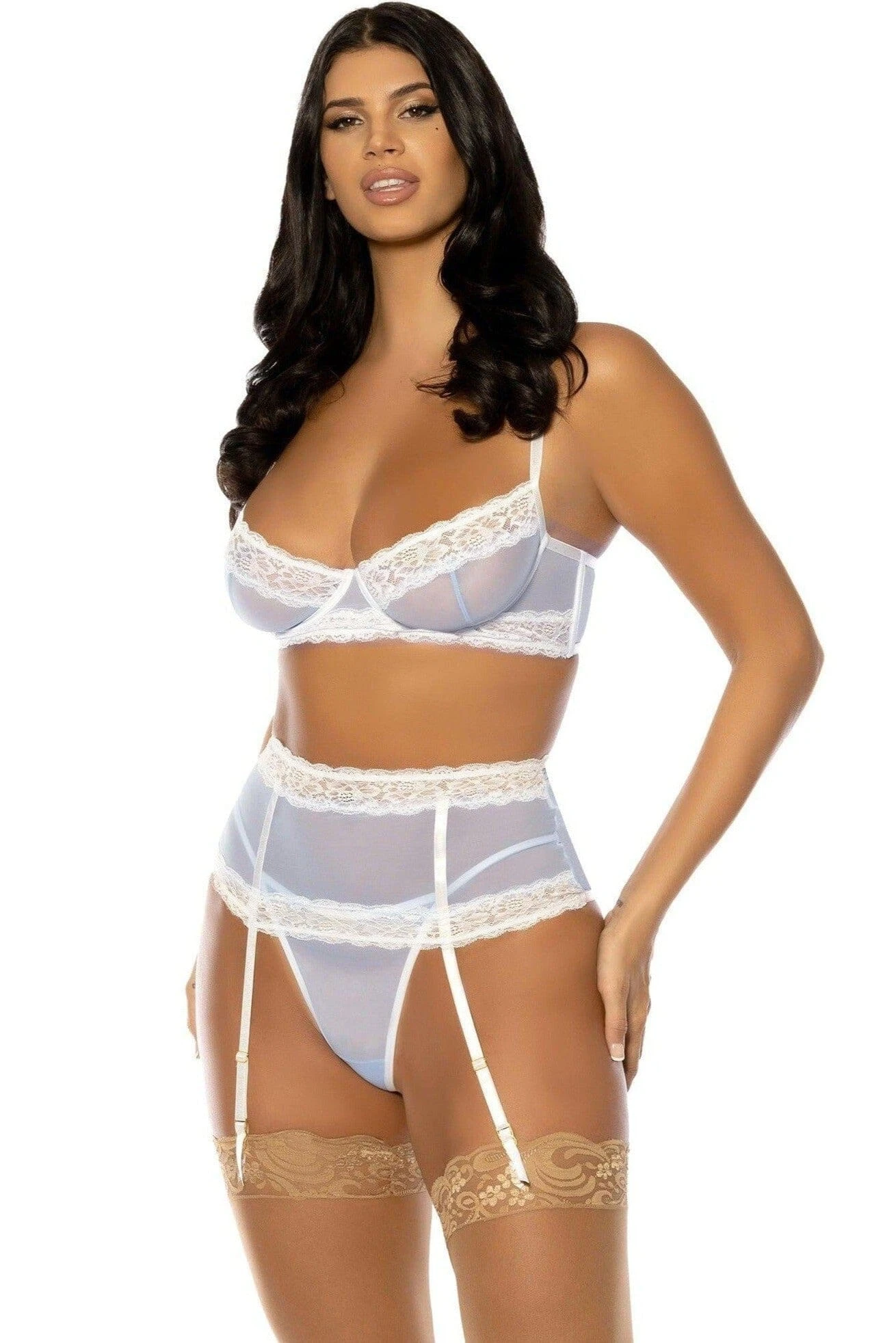 Lace Edge Peek-A-Boo Bra And Garter Set With Decorative Keyholes | White 4 Lace Edge Peek-A-Boo Bra And Garter Set With Decorative Keyholes | White - Image 2