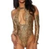 Leopard Print Hologram Deep Plunge Bodysuit -Strippers Heels Store Long Sleeve Open Front Leopard Print Hologram Swimwear Dancewear Rompers Bodyshotz Animal SEXYSHOES COM