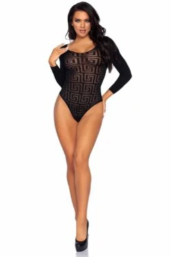 LEG AVENUE Mosaic Sheer Opaque Snap Crotch Bodysuit -Strippers Heels Store Mosaic Sheer Opaque Snap Crotch Bodysuit Bodysuits Leg Avenue Black SEXYSHOES COM 5
