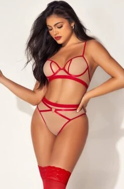 Nude Mesh Two-Piece Set With Red Accents -Strippers Heels Store Nude Mesh Two Piece Set with Red accents Lingerie Sets Mapale SEXYSHOES COM 3
