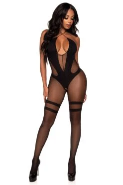 LEG AVENUE Opaque And Sheer Keyhole Twist Halter Bodystocking