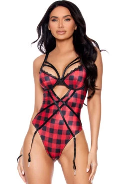 PLAID STRAPPY DETAILED TEDDY AND GARTER SET