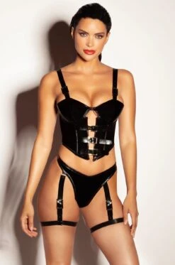Patent Bustier With Front Buckle Details And Matching Thong With Garters | Black