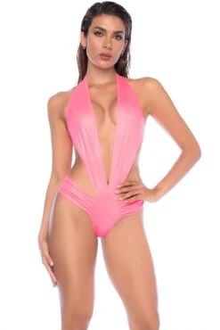 Plunging Halter Wet-Look Bodysuit