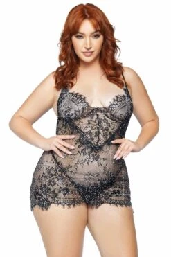 LEG AVENUE Plus 2 Piece Eyelash Lace Rhinestone Backless Mini Dress Set