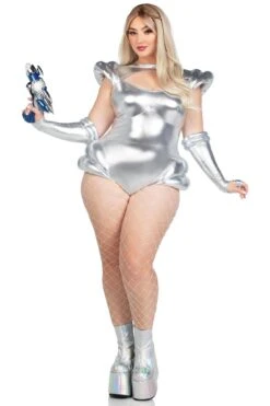 LEG AVENUE Plus Size 2 Piece Cosmic Cutie Metallic Lame Bodysuit & Fingerless Gloves