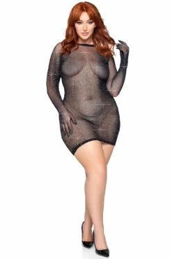LEG AVENUE Plus Size Rhinestone Fshnet Gloved Mini Dress