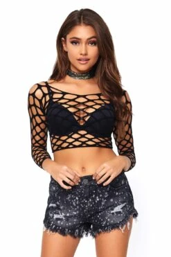 LEG AVENUE Pothole Net Long Sleeved Crop Top