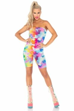 LEG AVENUE Rainbow Camo Mesh Strapless Romper -Strippers Heels Store Rainbow Camo Mesh Strapless Romper Dancewear Rompers Leg Avenue Multi SEXYSHOES COM 4
