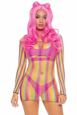LEG AVENUE Rainbow Fishnet Long Sleeved Mini Dress