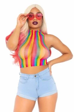 LEG AVENUE Rainbow Net High Neck Crop Top