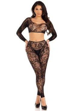 LEG AVENUE 2 Piece Seamless Chantilly Lace Crop Top And Footless Tights -Strippers Heels Store SS 2 Piece Seamless Chantilly Lace Crop Top And Footless Tights Lingerie Leg Avenue Brand SEXYSHOES COM 4