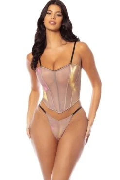 Iridescent Mesh Bustier With Boning Inserts And Matching G-String | Black And Iridescent