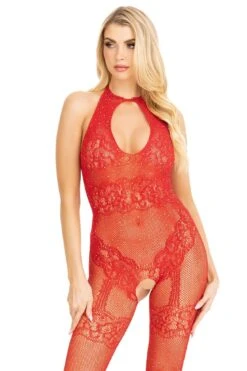 LEG AVENUE Seamless Rhinestone Fishnet Bodystocking, Keyhole, Lace Detal