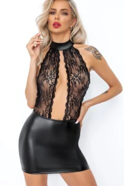 Noir Handmade Short Powerwetlook Dress With Lace Top