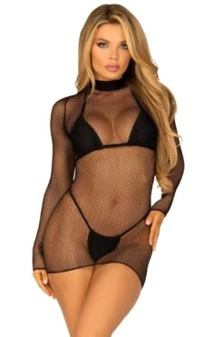 LEG AVENUE Ultra Net Long Sleeved High Neck Mini Dress