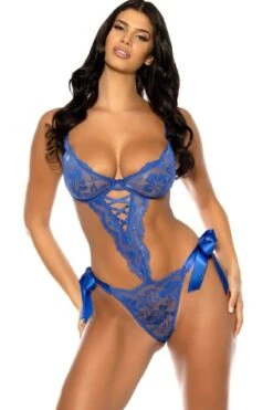 Unlined Underwire Teddy With Functional Side Ties And Open Gusset | Blue