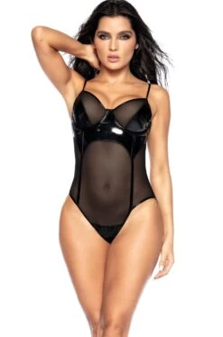 Vinyl Bodysuit With Mesh Contrast