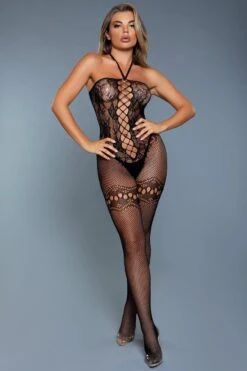 Halter Lace Up Teddy With Fishnet Leggings