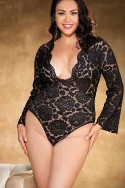 Long Sleeve Low Cut Lace Teddy | Plus Size